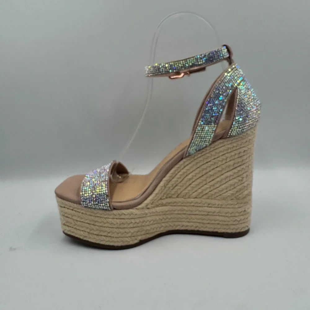 Gianni Bini Rhinestone Espadrille Wedge Sandals Rose Gold Square Toe Size 6M